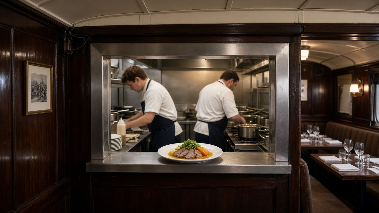 Küchendurchreiche im Speisewagen-Restaurant Hamburg: zwei Köche am Herd, Tafelspitz auf der Ablage, Sitzplätze rechts im Abteil