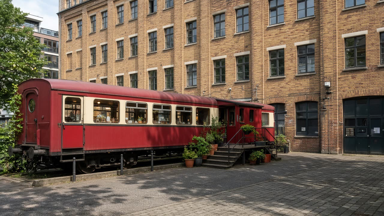 Roter Bahn-Speisewagen der Speisewagen GmbH auf dem Hof an der Lagerstraße in Hamburg, Einstieg mit Treppe, Backsteinfassade