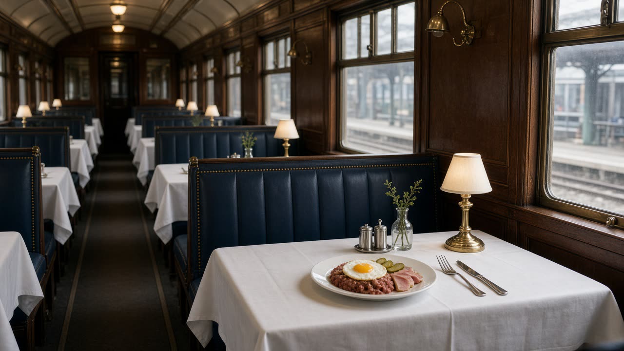 Innenraum des Speisewagen-Restaurants in Hamburg: Holztische am Fenster, Messinglampen, gedeckte Plätze im ehemaligen Bahn-Speisewagen