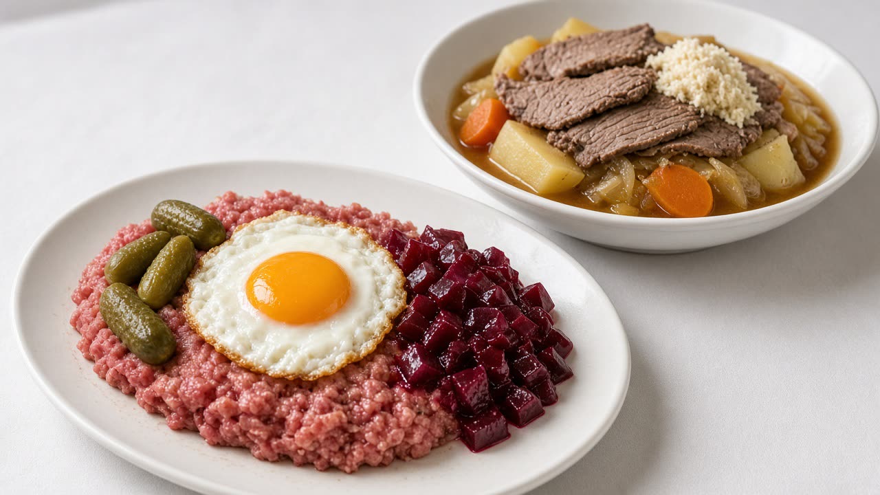 Labskaus mit Spiegelei, Gurken und Rote Bete neben einer Schüssel Tafelspitz, Speisewagen-Restaurant Hamburg